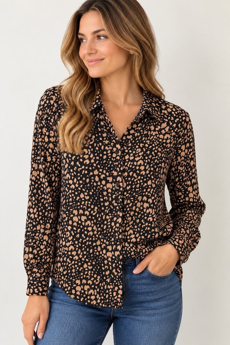 Adrianna Papell Women’s Small Leopard Button Shirt Long Sleeve Blouse Black Tan